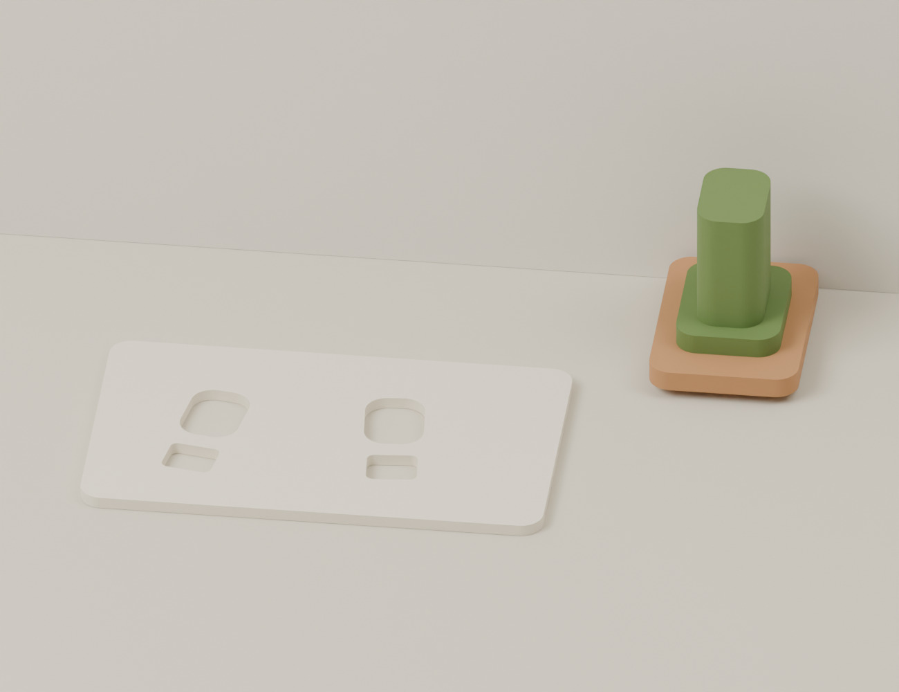 Schablone für zwei Stiefelspuren und zweiteiliger Stempel. CAD-Ansicht: Übersicht.