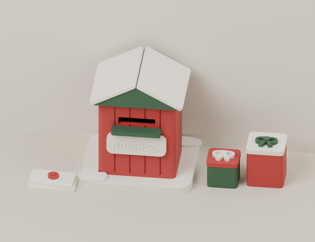 Rotes Nordpolpost-Haus mit verschneitem Dach, Briefablage und zwei Geschenkboxen. CAD-Ansicht: Übersicht.